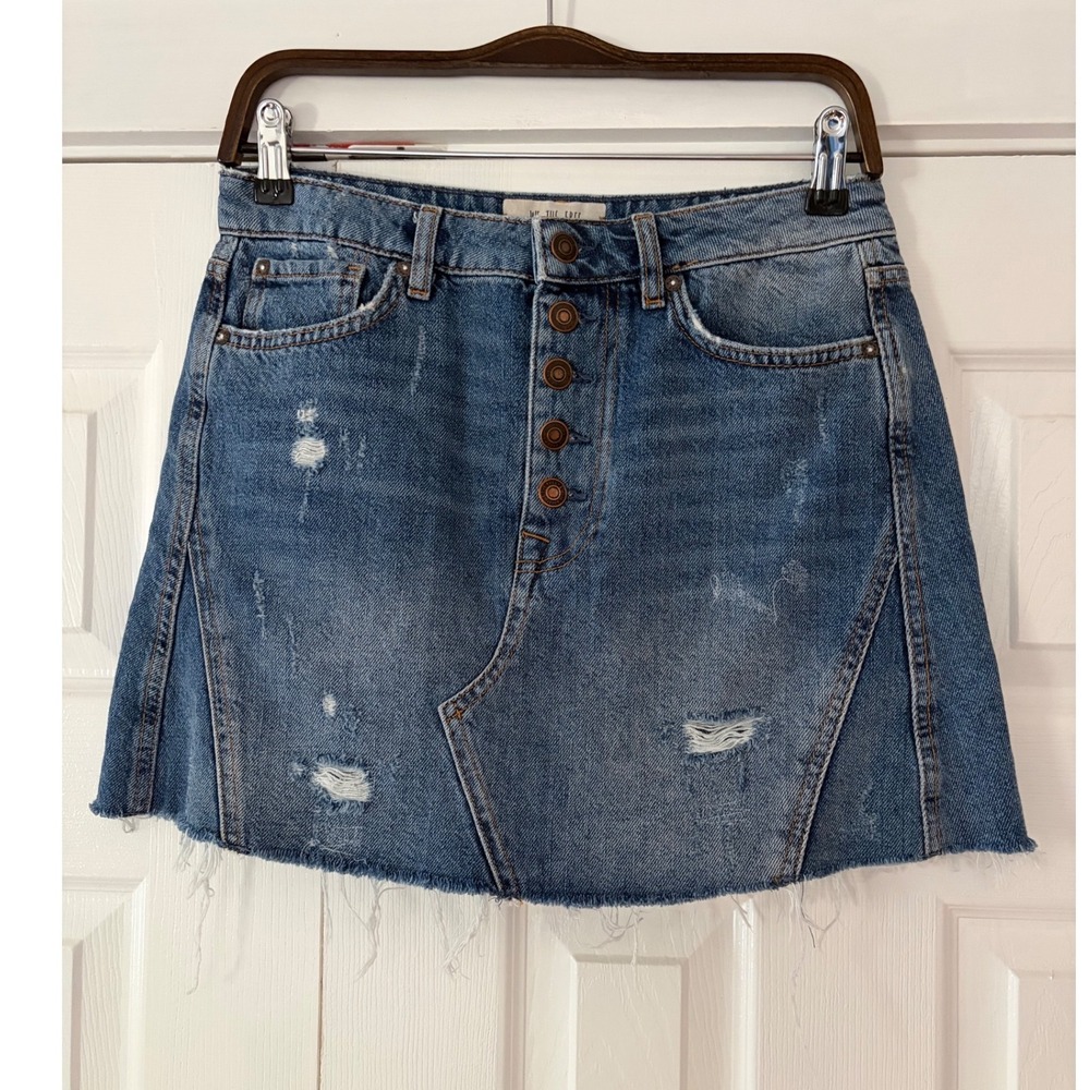 We The Free People Denim Mini Skirt Button Fly Distressed Raw Hem Blue‎ Size 28
